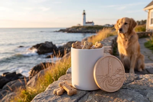BELOVED PET TREAT CANISTER WITH CARVED MAPLE LID