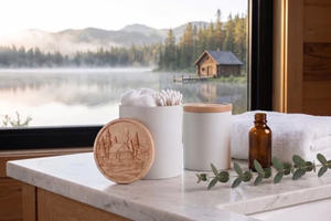 VANITY COTTON BALL & Q TIP HOLDER WITH CARVED MAPLE LID