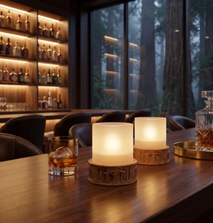 EVENING GLOW CANDLE WITH CARVED MAPLE BASE AND GLASS SHADE