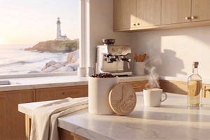 DAILY BREW CERAMIC COFFEE CANISTER WITH CARVED MAPLE LID